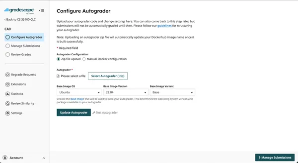 autograder configuration page for cloud assignment 0