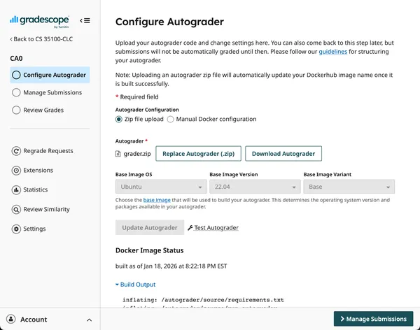 autograder configuration page for cloud assignment 0