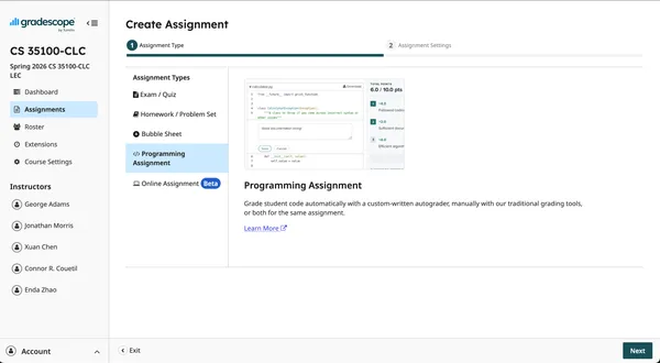 Create assignment select assignment type