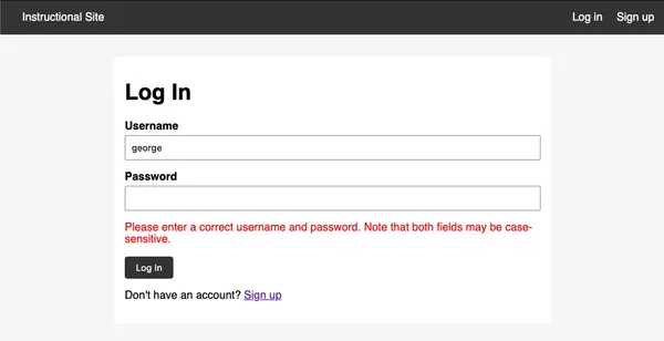Instructional Site Login Failed page